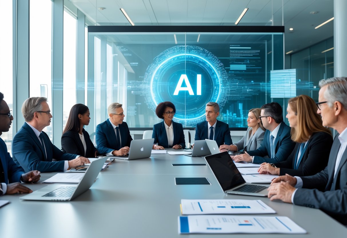 Un groupe diversifié de professionnels en réunion dans un bureau gouvernemental moderne, discutant autour d'une table avec des ordinateurs et documents, illustrant la collaboration humaine dans la commande publique.