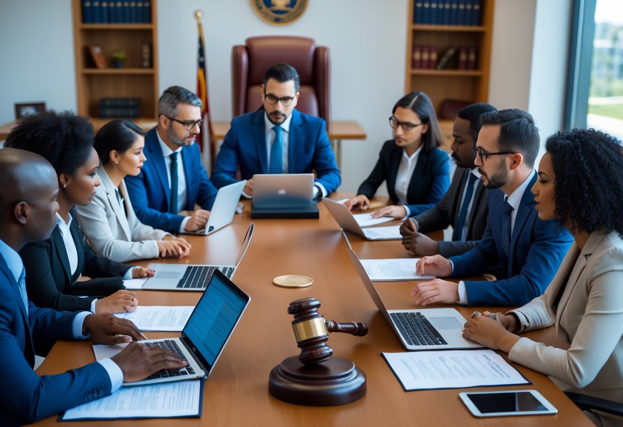 Des professionnels en réunion dans un bureau gouvernemental discutant autour d'une table avec des documents et des appareils numériques.