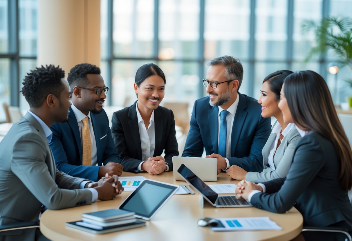 Un groupe diversifié de professionnels en réunion autour d'une table dans un bureau moderne, échangeant des idées avec attention et respect.