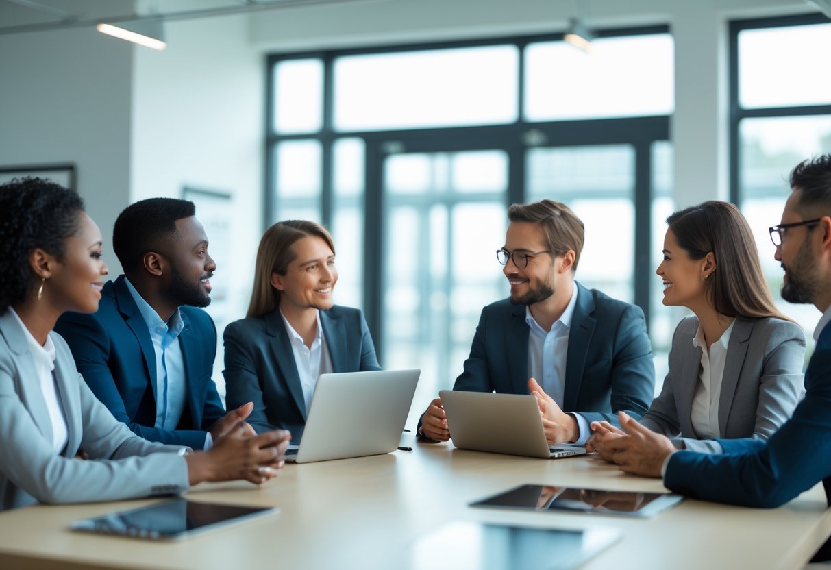 Un groupe diversifié de professionnels en réunion autour d'une table, échangeant activement dans un bureau moderne lumineux.