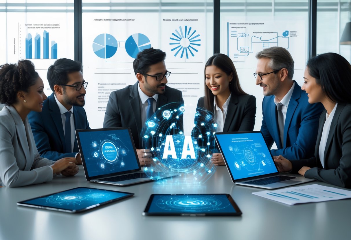 Un groupe de professionnels diversifiés en réunion autour d'une table, utilisant des appareils numériques et discutant de manière collaborative dans un bureau moderne.