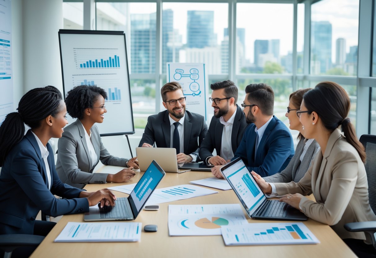 Un groupe de professionnels divers discutant autour d'une table de conférence dans un bureau moderne, travaillant ensemble avec des documents et des ordinateurs portables.