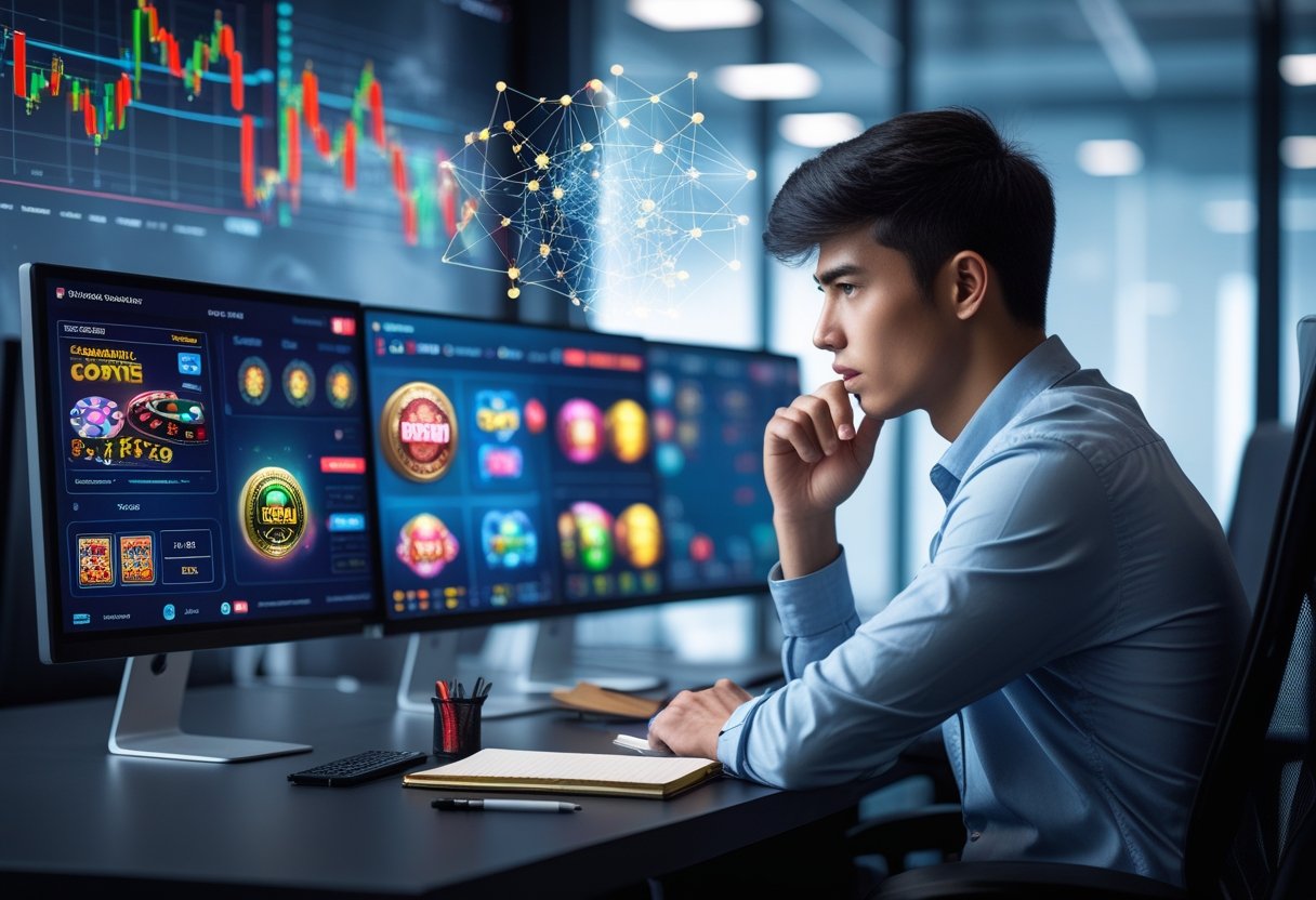 A young adult thoughtfully analyzing online casino games and data on multiple computer monitors in a modern office setting.