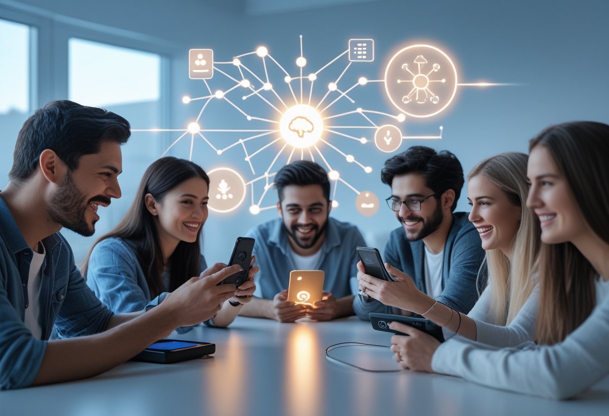 A group of people focused on playing games on various digital devices with abstract patterns symbolizing psychological engagement in the background.