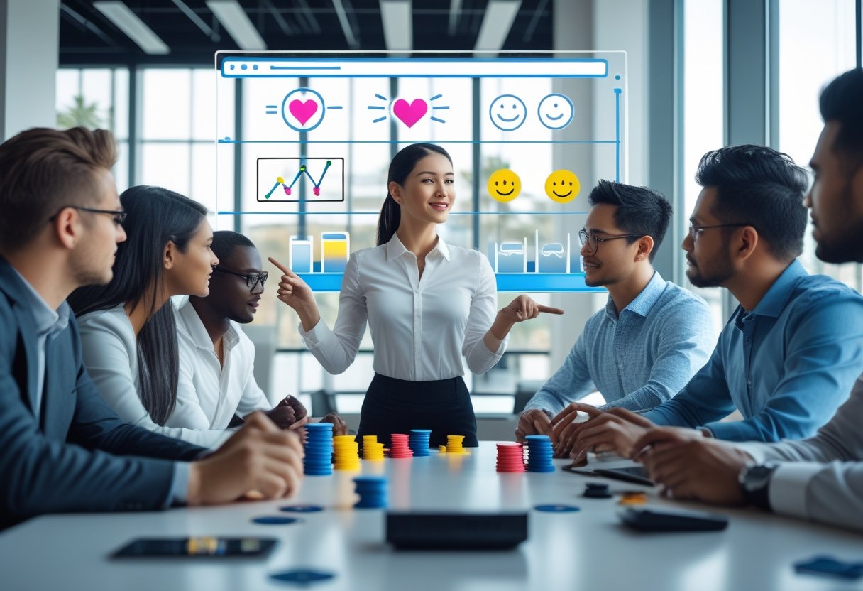 A diverse group of professionals collaborating around a table with digital graphics representing emotions and motivation in a modern office.