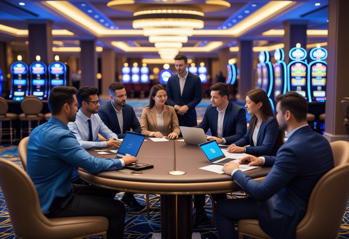 Business professionals discussing documents at a casino table with gaming machines in the background.