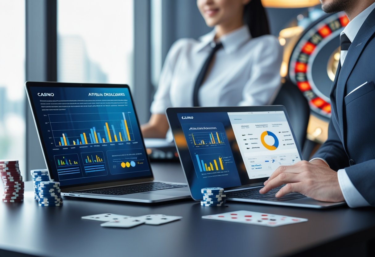 A business professional working at a desk with a laptop and tablet, surrounded by casino-related items like poker chips and playing cards in an office.