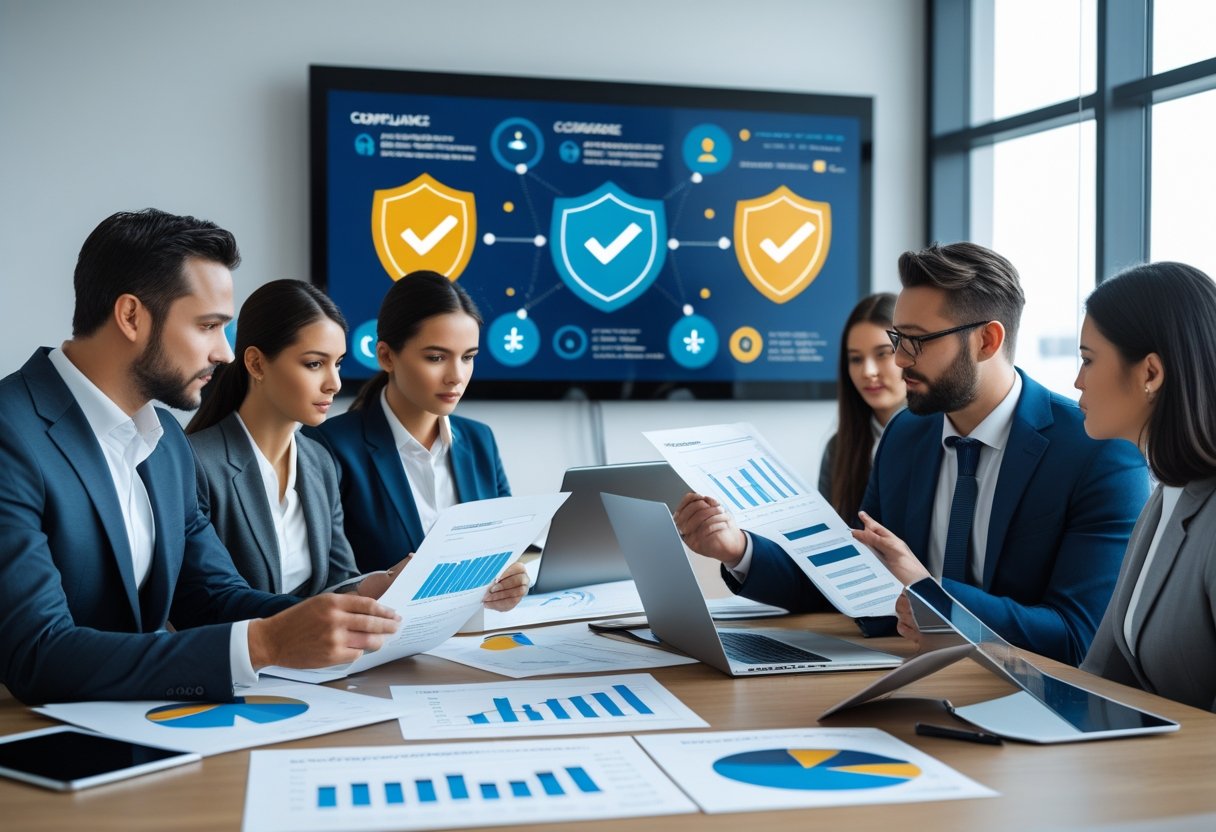 Business professionals reviewing documents and digital devices in an office focused on compliance and data analysis.
