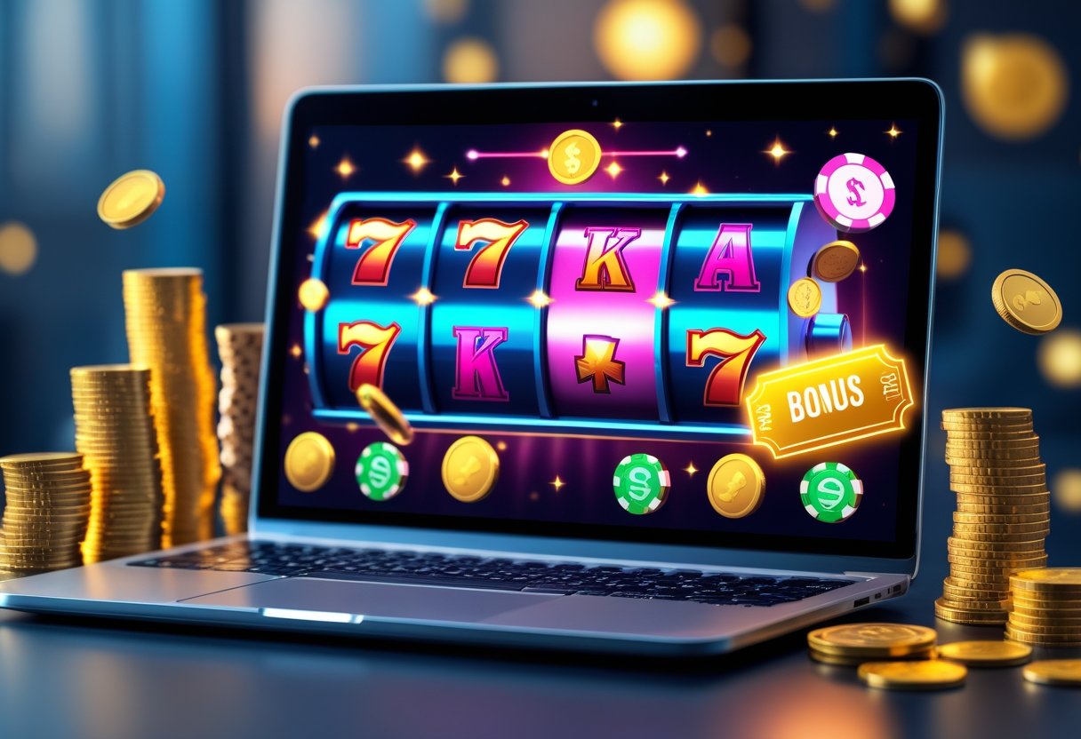 A laptop on a desk showing a digital slot machine game with gold coins and poker chips nearby.