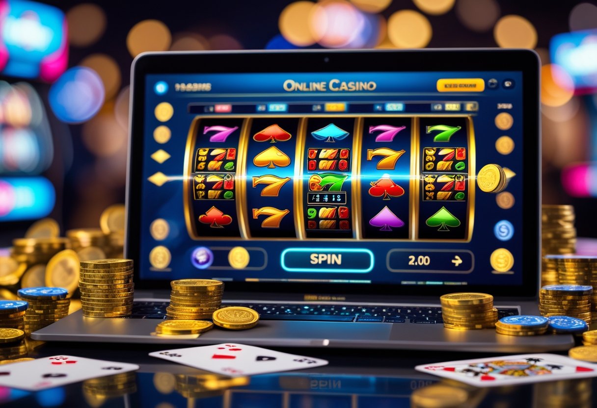 A laptop showing an online slot game with casino chips, gold coins, and playing cards around it.