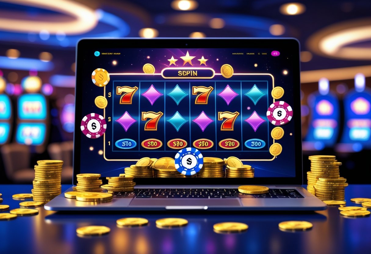 A laptop displaying an online casino interface surrounded by casino chips, coins, and slot machine reels in a luxurious casino setting.