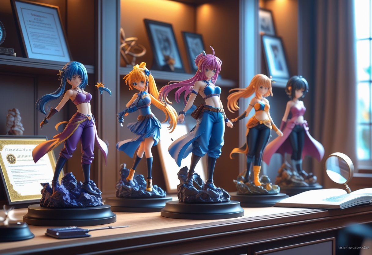 Une étagère bien éclairée présentant plusieurs figurines d’animé détaillées et colorées, avec des objets de collection comme une loupe et un certificat à proximité.
