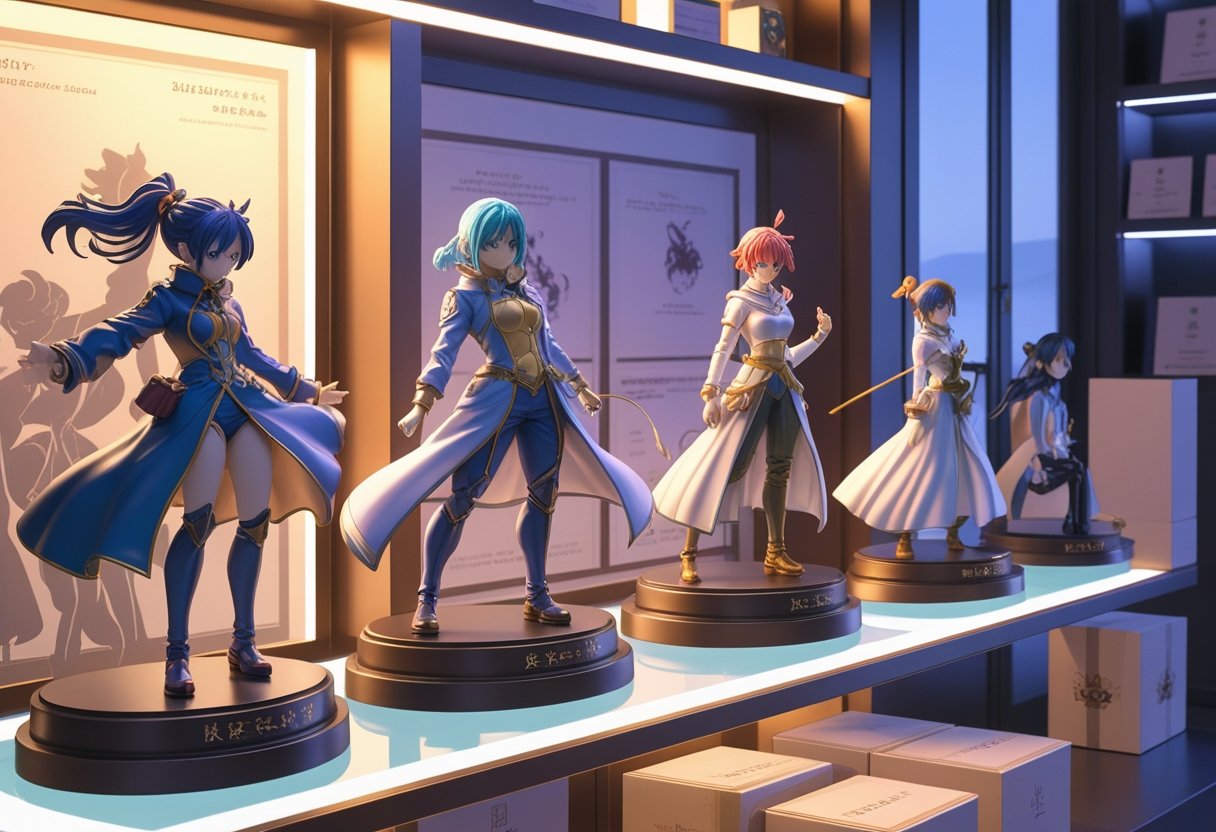 Une collection de figurines d’animé exposées sur des étagères en verre avec un éclairage doux, mettant en valeur leurs détails et leur aspect premium.