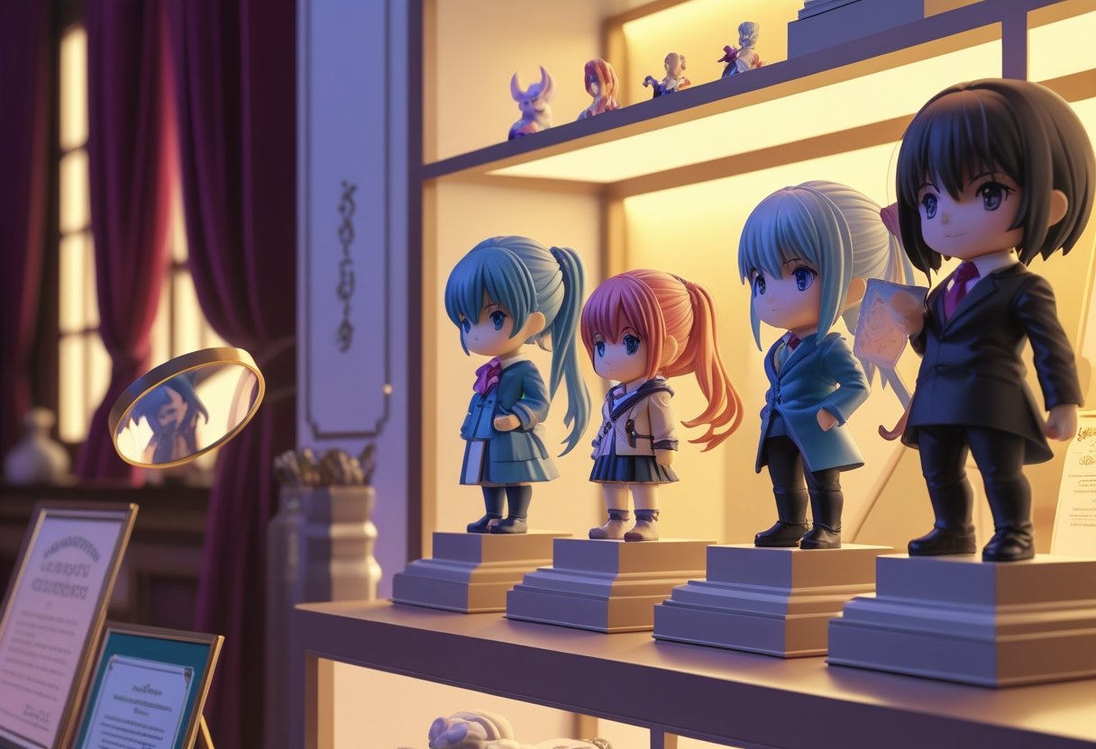Une scène montrant des figurines d’animé exposées comme des objets de collection précieux dans un environnement soigné et élégant.