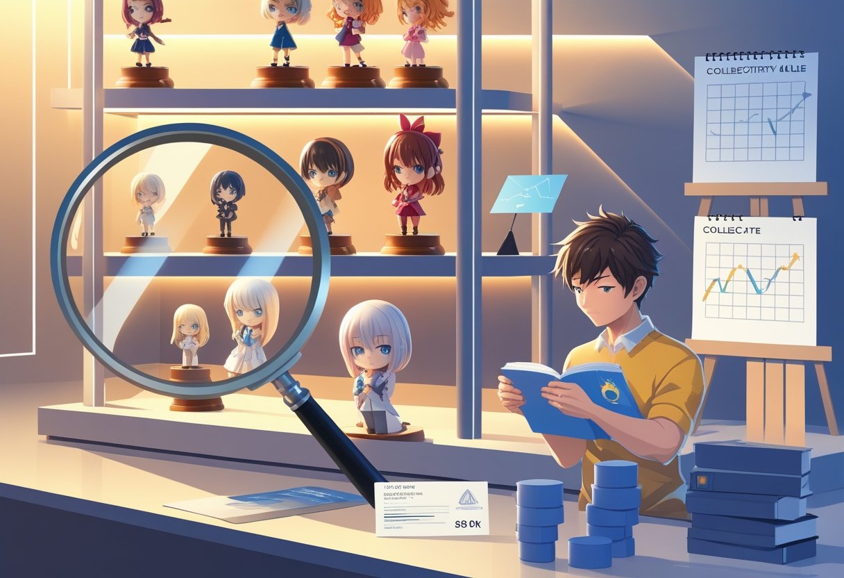 Une scène montrant plusieurs figurines d’animé exposées avec des éléments symboliques représentant leur valeur, comme une loupe, un certificat, un calendrier et un collectionneur examinant une figurine.