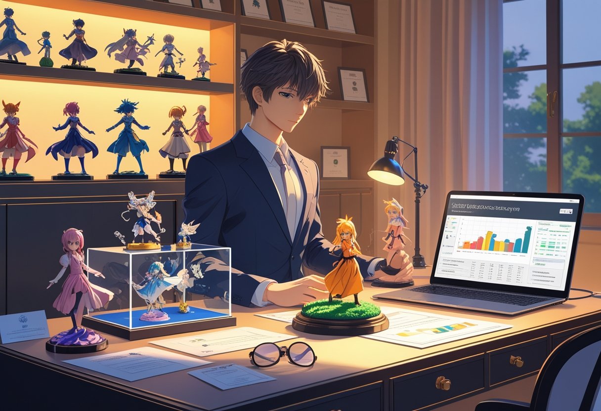 Un bureau de collectionneur avec plusieurs figurines d’animé exposées, un ordinateur montrant des graphiques de valorisation, et des accessoires de collection comme une loupe et des certificats.