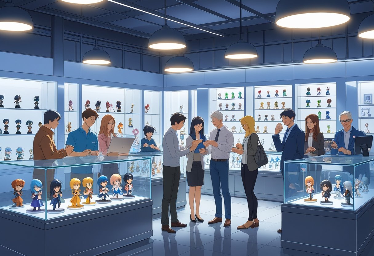 Un magasin moderne avec des vitrines contenant des figurines d’animé premium, où des personnes échangent des figurines en toute confiance.