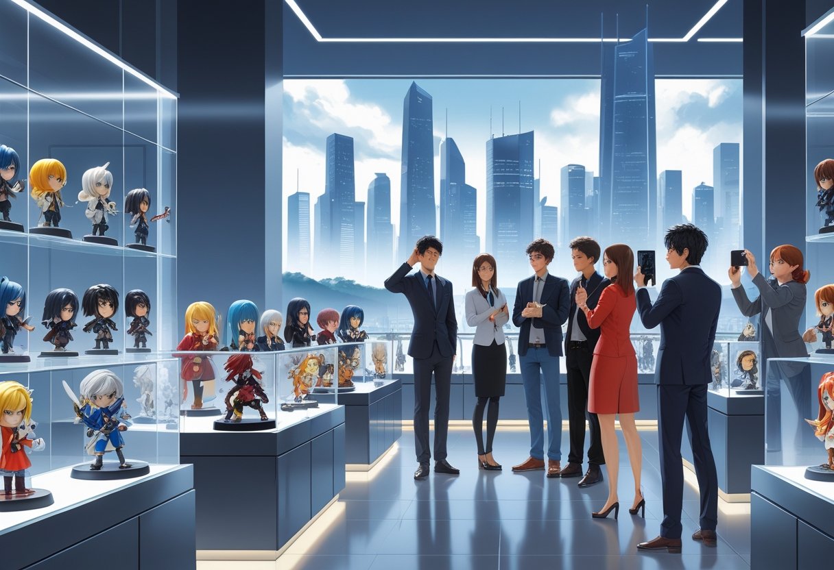 Une salle d'exposition moderne présentant des figurines d'animé détaillées dans des vitrines, avec des personnes les admirant et une ville futuriste en arrière-plan.
