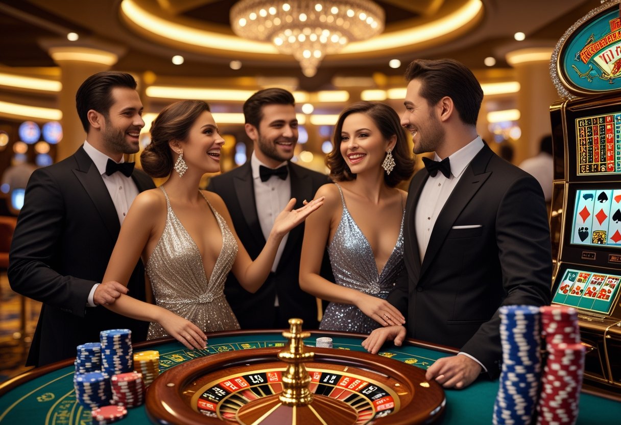 People dressed in elegant evening wear enjoying games and drinks inside a luxurious casino.