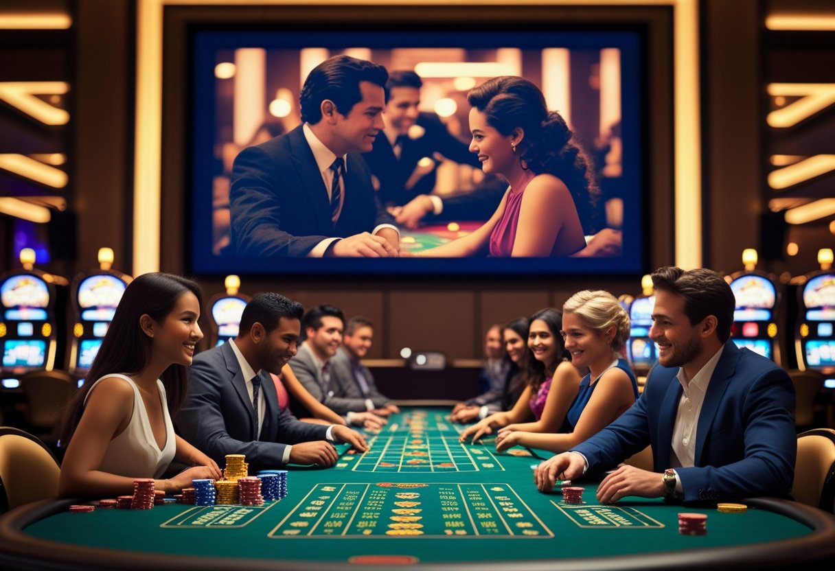 A group of people playing at a casino table with a large cinema screen showing a blurred gambling scene in the background.