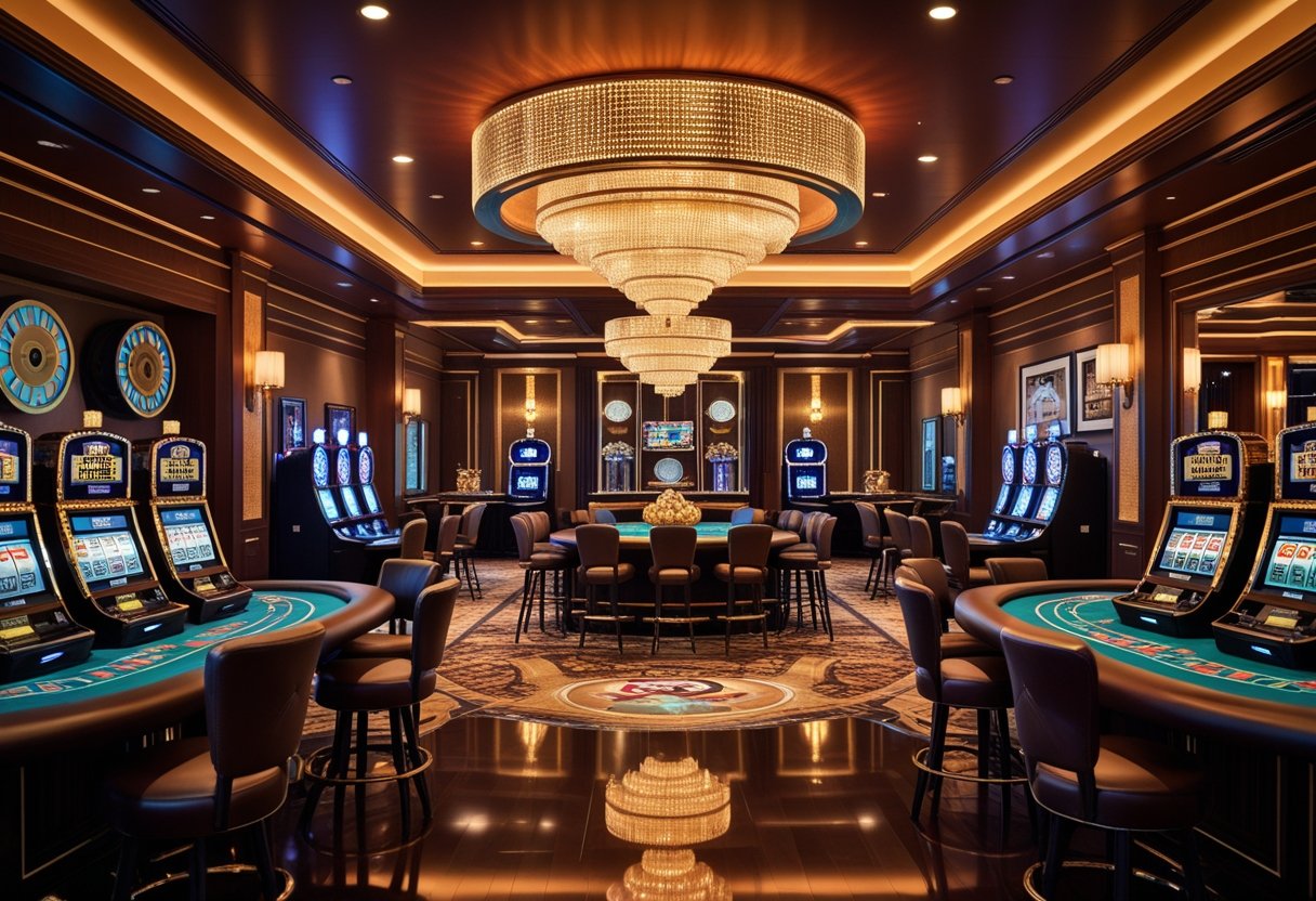 A luxurious casino interior featuring slot machines, poker tables, vintage movie reels, and film-inspired decor elements.