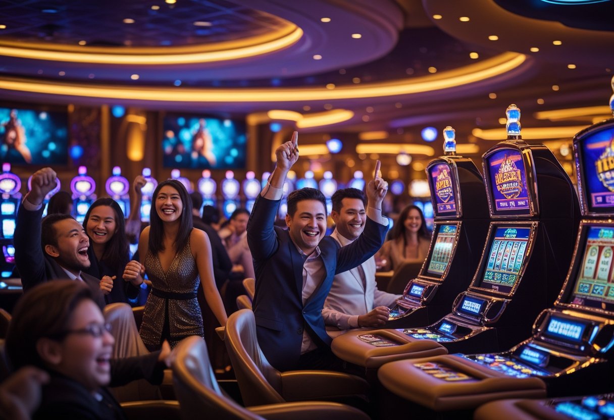 A lively casino scene with players enjoying slot machines and gaming tables under warm lighting, showing excitement and focus.