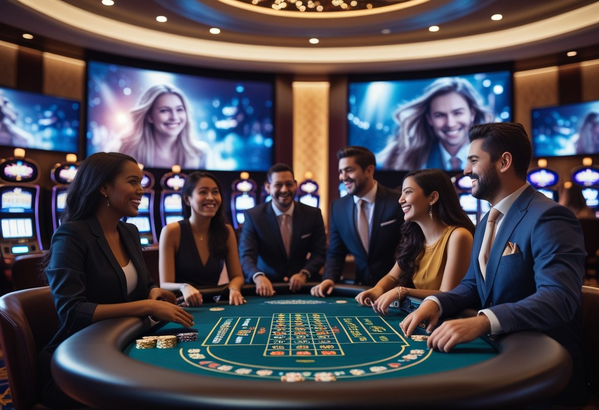 A group of people enjoying a casino with movie scenes playing on large screens in the background