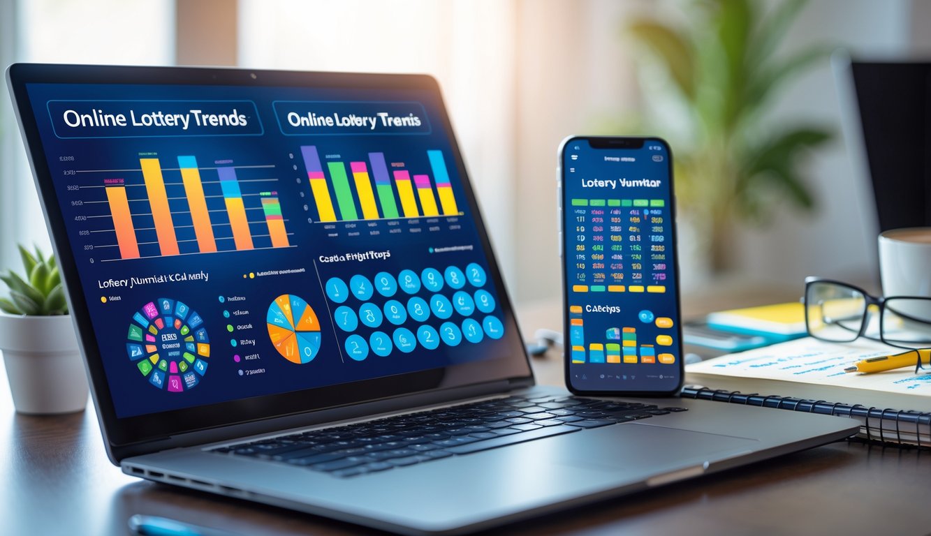 Meja kerja modern dengan laptop dan ponsel yang menampilkan grafik dan data angka, serta perlengkapan kantor seperti kopi dan buku catatan.