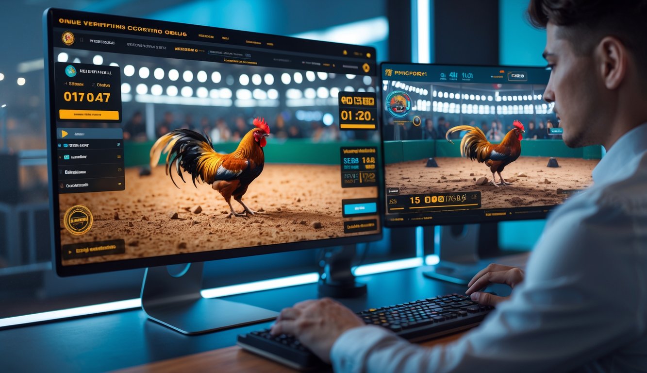 Seseorang menggunakan komputer dengan tampilan arena sabung ayam langsung yang aktif dan terverifikasi di layar.