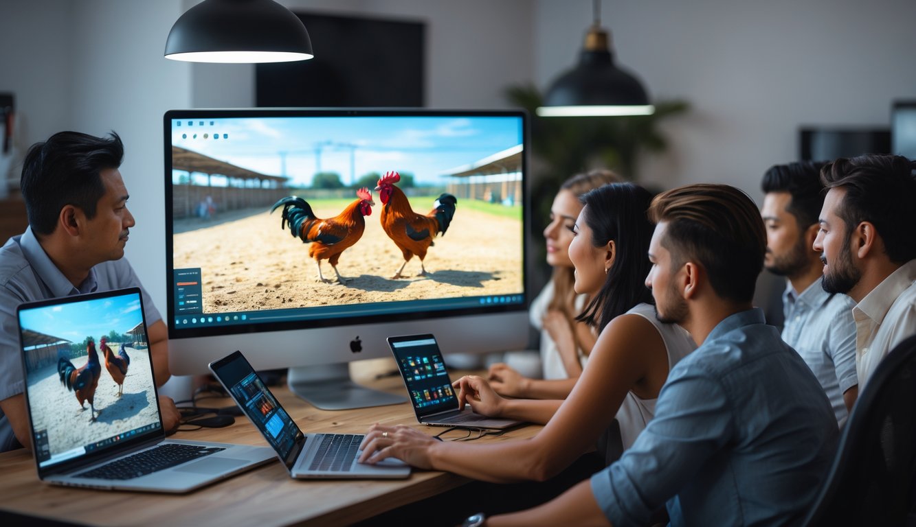 Orang-orang menonton siaran langsung sabung ayam online di komputer di dalam ruangan.