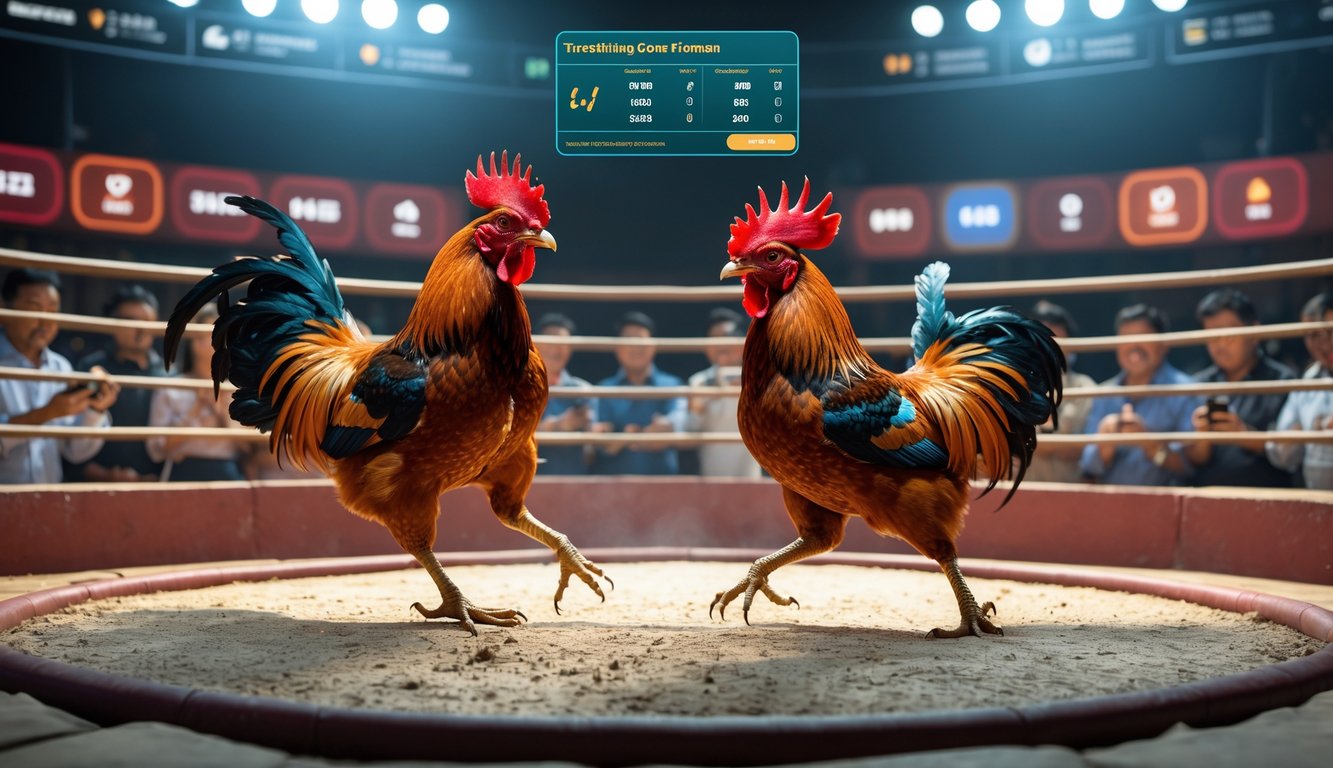 Dua ayam jantan sedang bertarung di arena dengan beberapa orang menonton pertandingan melalui perangkat digital.