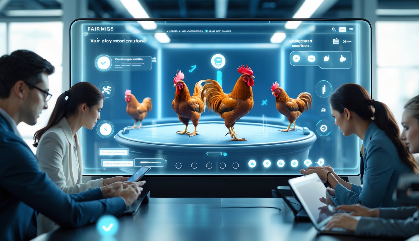 Antarmuka digital modern menampilkan pertarungan ayam virtual dengan sistem fair play, di ruang kerja teknologi dengan orang-orang yang menggunakan perangkat digital.