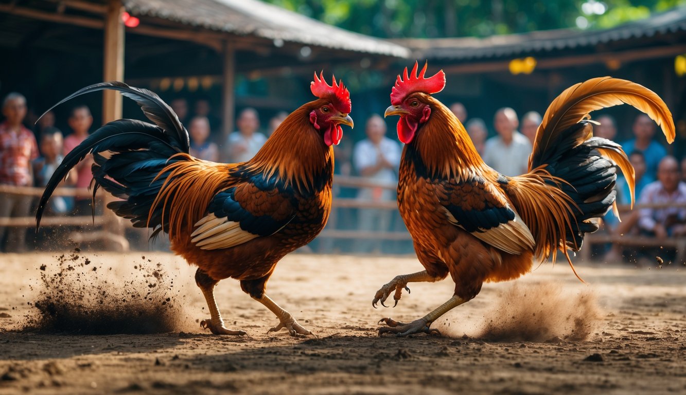 Dua ayam jago sedang bertarung di arena dengan penonton di sekitarnya.