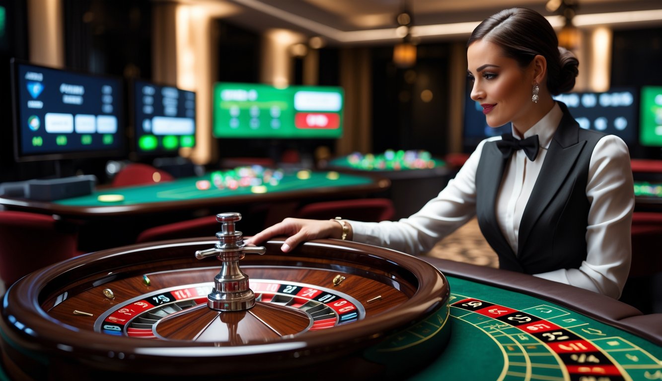 Meja roulette online dengan dealer langsung yang sedang mengelola permainan dan roda roulette yang berputar.