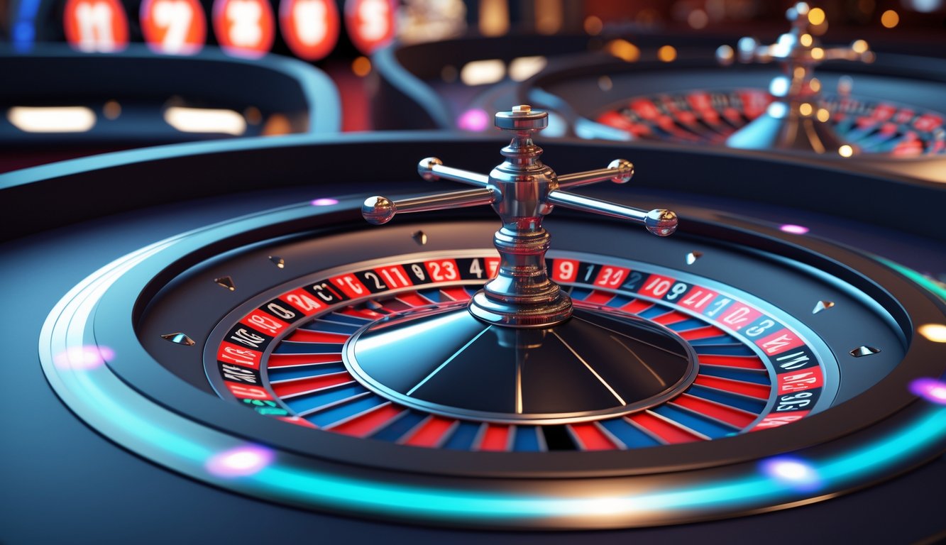 Tampilan antarmuka permainan roulette online modern dengan roda roulette digital berputar secara real-time.