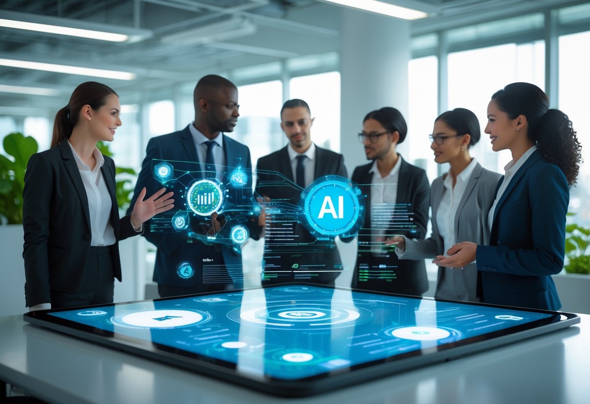 Des professionnels collaborant autour d'une table numérique avec des graphiques et des symboles liés à l'IA et à la durabilité dans un bureau moderne.