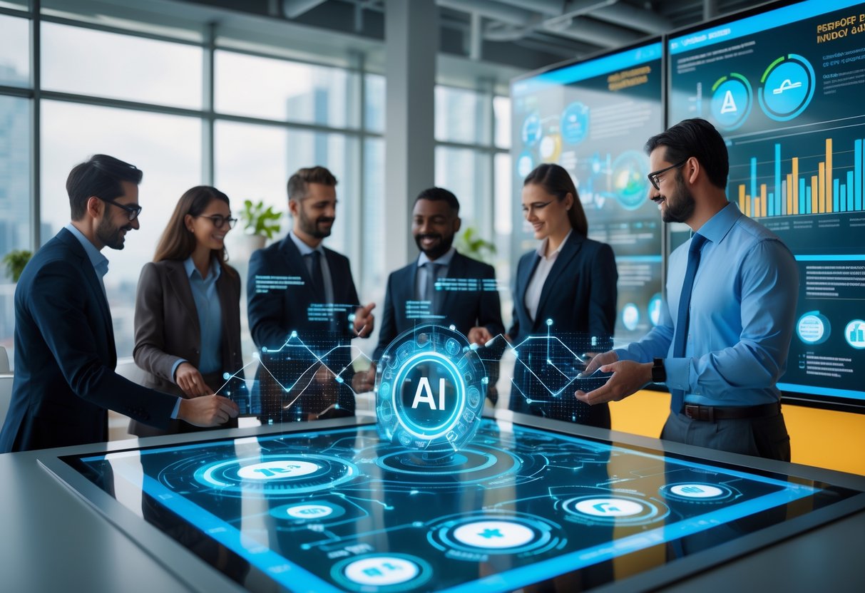 Des professionnels collaborant autour d'une table numérique affichant des données sur l'IA et la responsabilité sociale dans les achats publics.