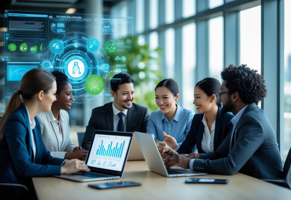 Des professionnels en réunion dans un bureau moderne, utilisant des technologies numériques pour discuter de l’intelligence artificielle et de la responsabilité sociale dans la commande publique.