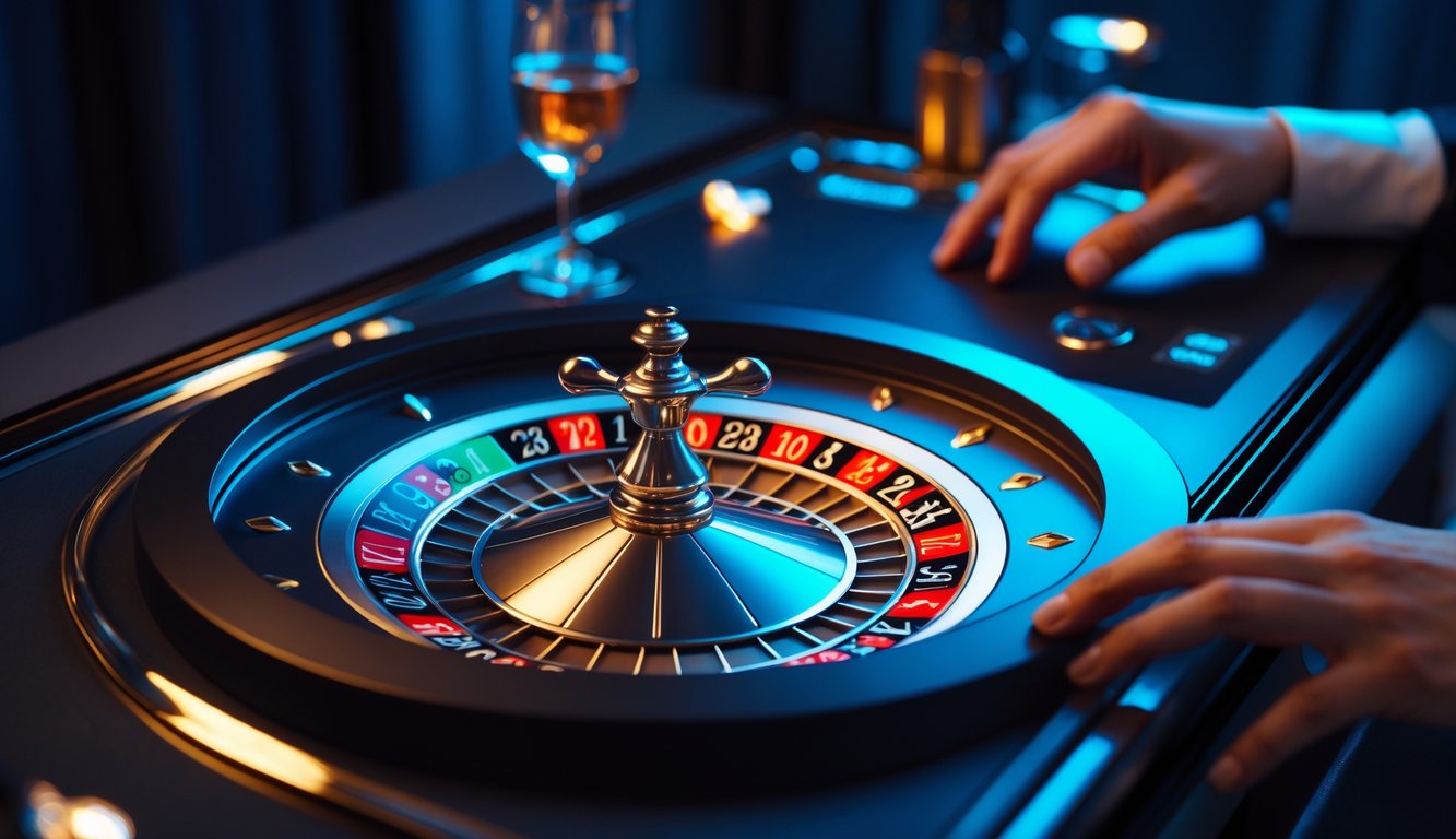 Sebuah layar komputer menampilkan roda roulette digital dengan tangan seseorang yang sedang bermain di ruangan yang nyaman dan bergaya.
