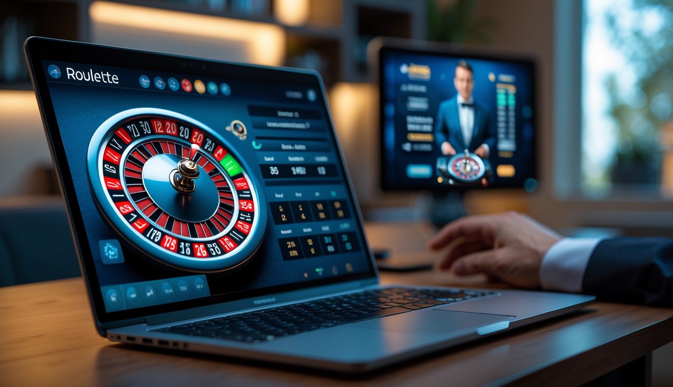 Layar laptop menampilkan permainan roulette online dengan roda roulette dan dealer langsung dalam video streaming yang stabil.