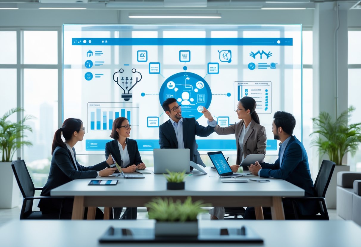 Des professionnels collaborant dans un bureau moderne avec des appareils numériques et un écran affichant des icônes liées à l'intelligence artificielle et la responsabilité sociale.