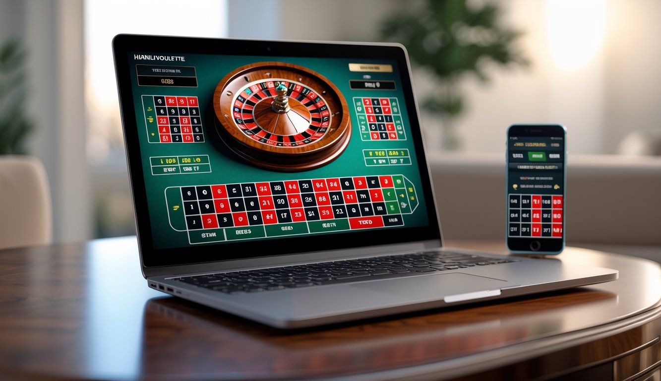 Layar laptop dan ponsel menampilkan permainan roulette online dengan berbagai fitur meja taruhan yang berbeda.