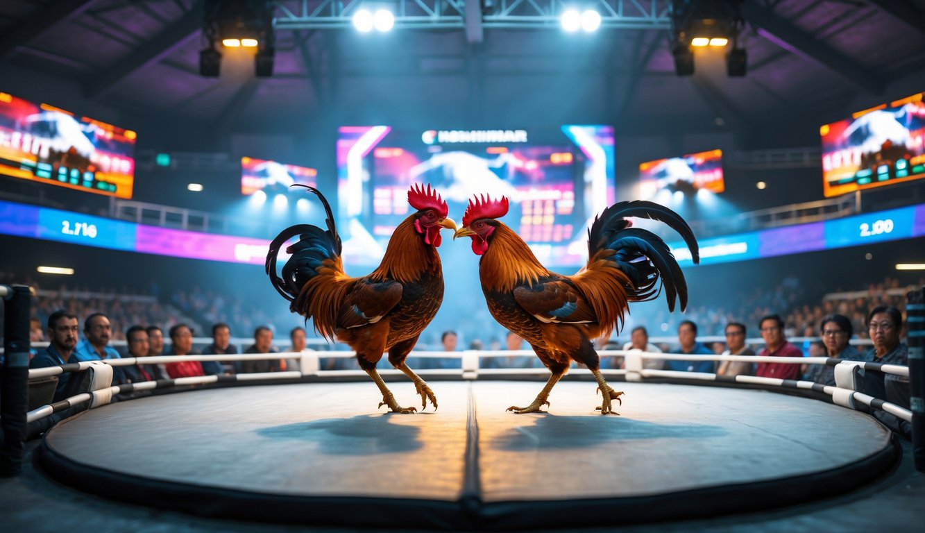 Arena sabung ayam dengan dua ayam bertarung di tengah, dikelilingi oleh penonton yang memperhatikan pertandingan.