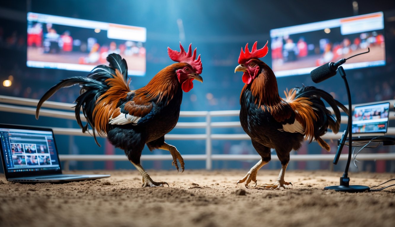 Dua ayam jago sedang bertarung di arena dengan peralatan siaran langsung dan layar komputer di latar belakang.