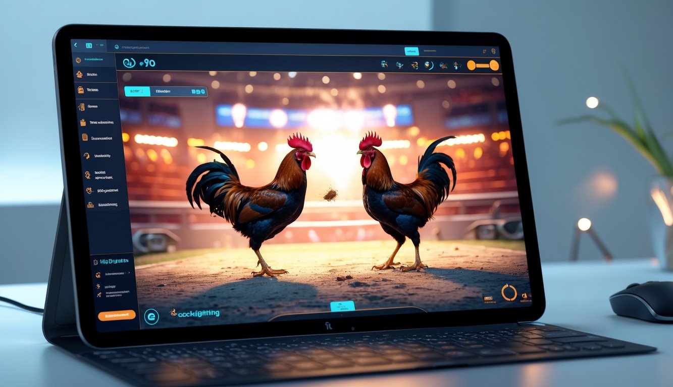 Sebuah layar komputer menampilkan pertandingan sabung ayam online dengan dua ayam jantan di arena virtual, di meja kerja yang rapi dan modern.