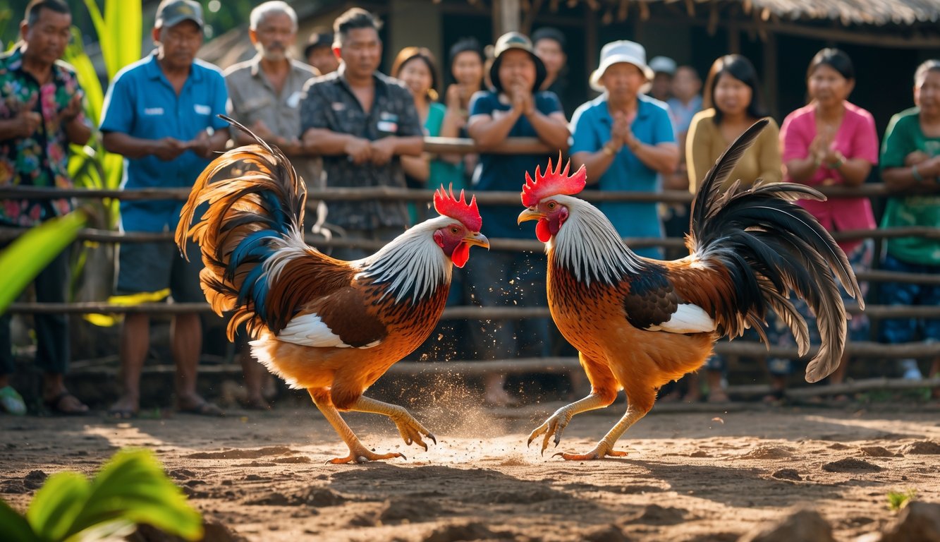 Dua ayam jago sedang bertarung di luar ruangan dengan beberapa orang menonton di latar belakang.