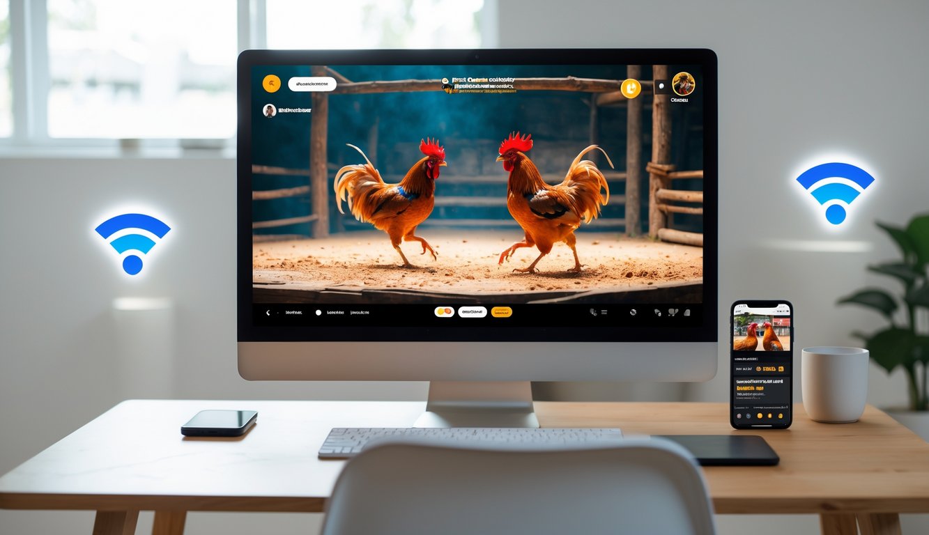 Seseorang menggunakan komputer dengan tampilan pertandingan sabung ayam secara langsung di layar, di meja kerja yang rapi dengan simbol koneksi internet di sekitar perangkat.