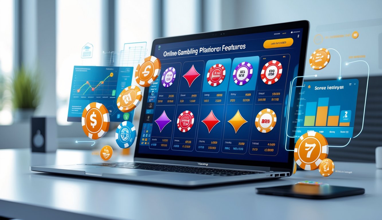 Seorang profesional sedang menggunakan laptop dengan tampilan platform judi online yang lengkap di meja kerja modern.