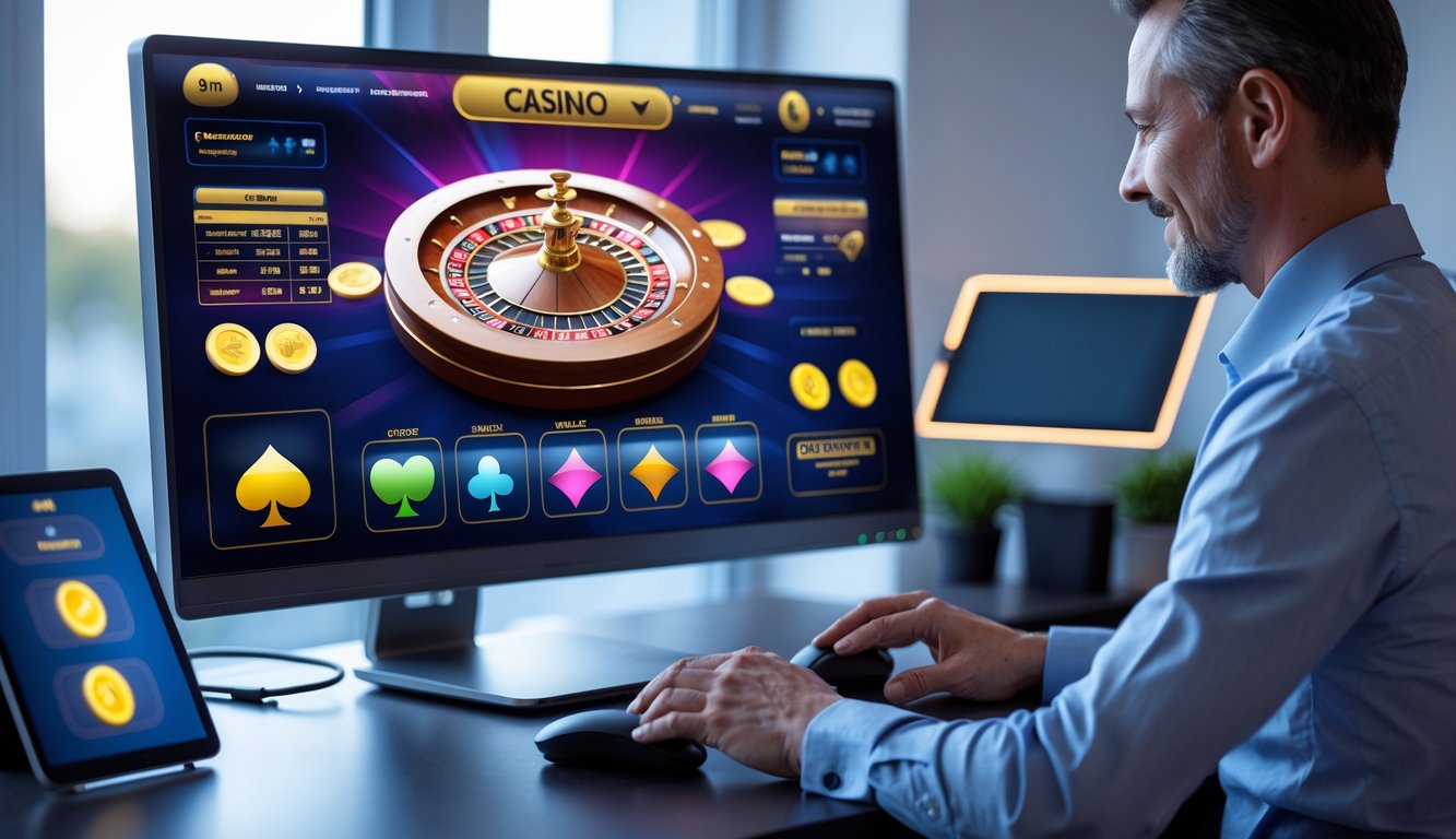 Seorang dewasa menggunakan komputer dengan tampilan permainan judi online modern di layar di ruang kerja rumah.