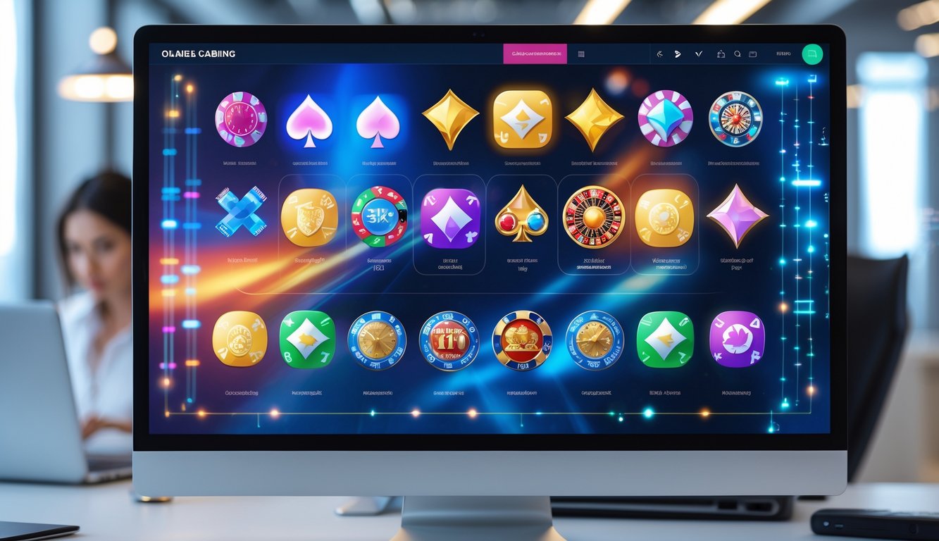 Seseorang menggunakan laptop di meja kerja modern dengan layar menampilkan berbagai permainan judi online.